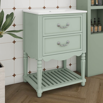 Meuble-lavabo de 24 po avec lavabo en céramique, armoire de rangement moderne avec deux tiroirs et une tablette ouverte