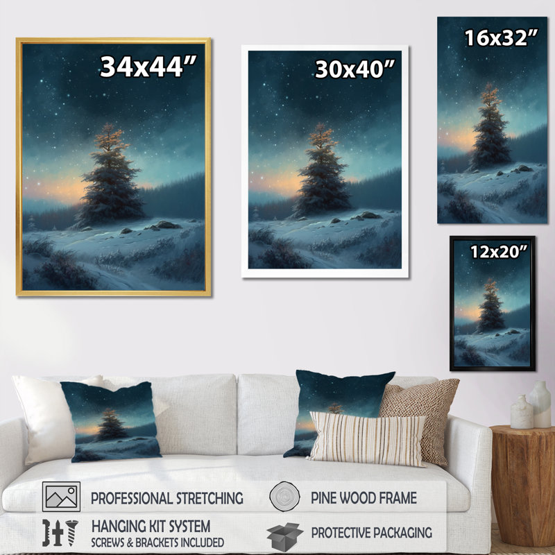 «Snowy Serenity Pinetree I», reproduction d'art sur toile, H 20 po x l 12 po x P 1 po, Cadre simple noir