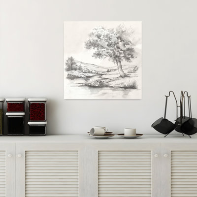 Arbre ombragé à côté d'un ruisseau calme, paysage contemporain contemporain, art mural