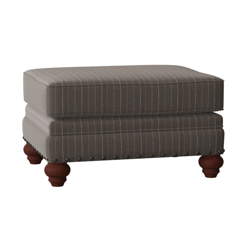 Spratt Upholstered Ottoman, Manhattan, Cleo 41 Gray Stripe, Dark Brass