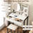Vanity Desk For Small Spaces With Led Mirror Of 3 Lighting Modes, Power Outlet, Drawer, Open Shelf And Comfortable Stool In White Black Shelves Cushioned Bedroom