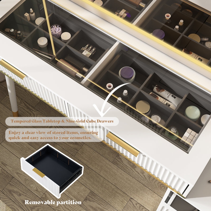 Mercer41 48" Vanity Desk with 35" Large Lighted Mirror, 5 Drawers & Shelves & Charging Station