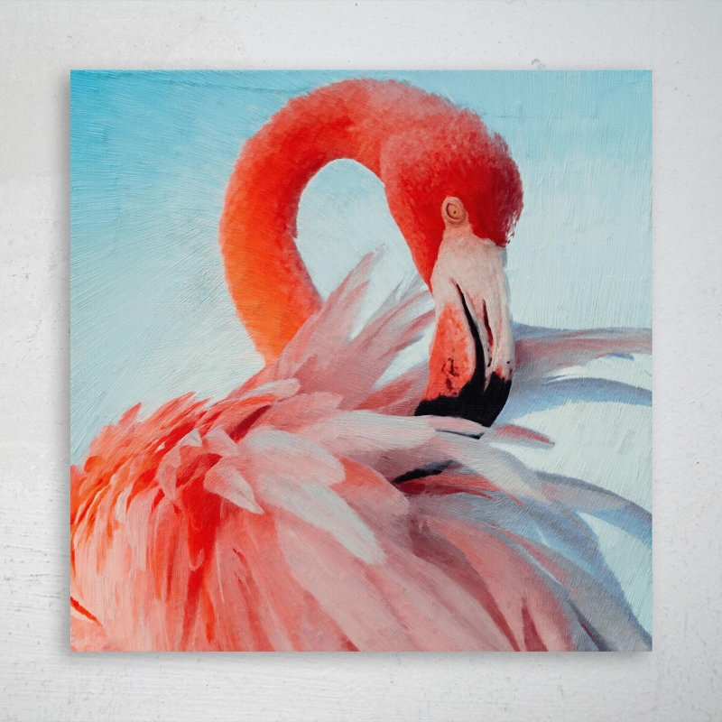 Flamant rose en gros plan, peinture sur toile tendue, L 32 po x H 32 po