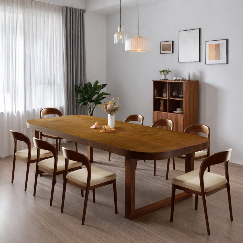 Brown rectangular solid wood dining table set with upholstered solid wood chairs, 9