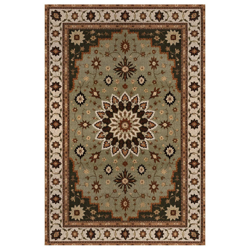 Jazeera Collection Digital Print Cotton-Polyester Green Beige Brown Floral Rug, Rectangle 5'3" x 7'3"