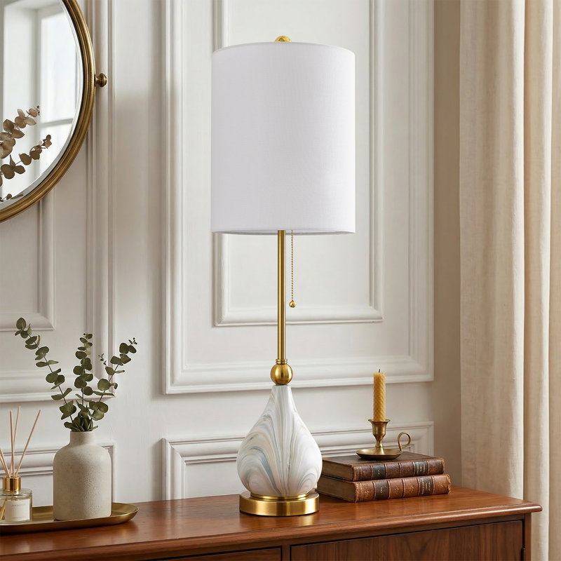 33" Modern Glam Ceramic Table Lamp with Pre-assembled Shade and Pull Chain for Bedroom Living Room, Polished Gold