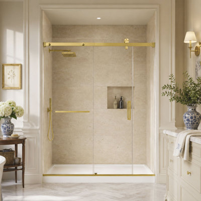 56-60" W x 76" H Frameless Shower Door with Flat Bar Stabilizer, 1/4" 6mm Tempered Glass, Brushed Gold