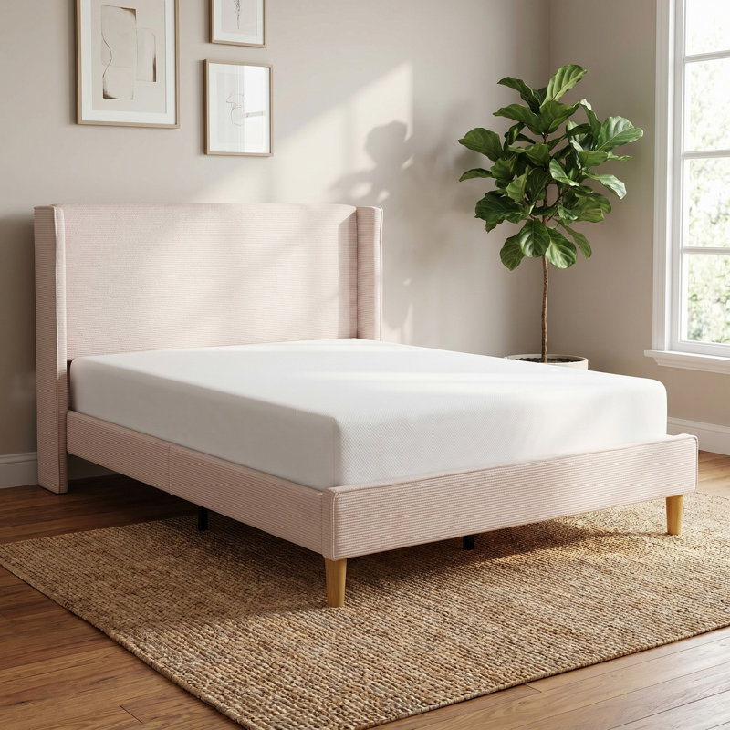 Janine Corduroy Upholstered Wingback Bed with Slat Kit and Solid and Manufactured Wood Frame, Queen, Beige