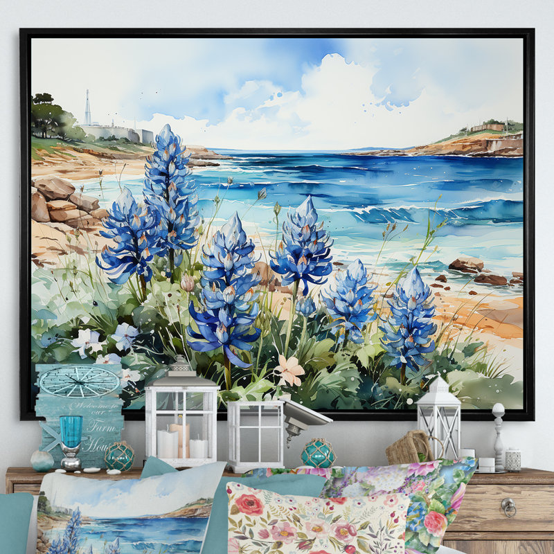 Bonnets bleus sur la plage I - décor mural bleu Bonnets FL107188, Noir, H 34 po x l 44 po x P 1,5 po