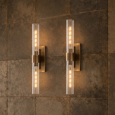 2PCS-Modern Wall Sconce, 25-Inch Clear Tempered Glass Vanity Light with Burnished Brass Finish, E26 Base, 110V Hardwired Wall Fixture for Bathroom, Bedroom, Hallway and Living Room