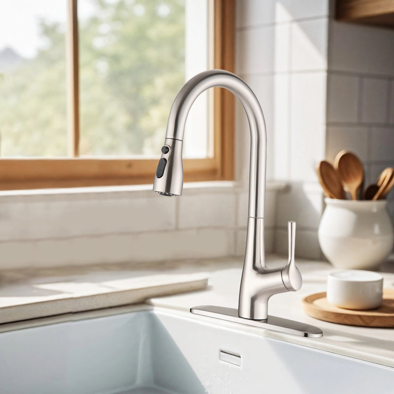 Topcraft Single Handle Single Hole Pull Down Kitchen Sink Faucet with Baseplate, Stainless Steel/Brushed Nickel