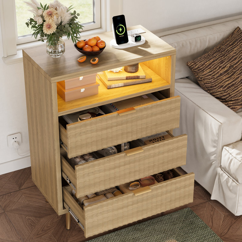 Commode à 3 tiroirs cannelée pour chambre à coucher, commode moderne avec lumières DEL intégrées et conception à devant ondulé, grande commode de rangement