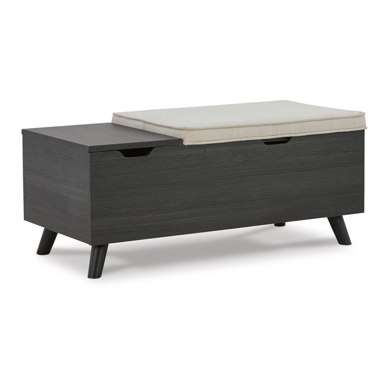 Yasmin Storage Bench, Black Grey Wood, Beige Polyester, Foam, 39 Inch