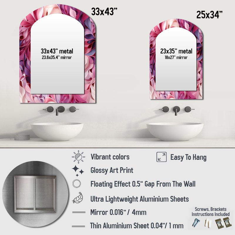 Rose et mauve Love Whispers Of Romance - grand miroir mural asymétrique à fleurs, 34 po x 25 po