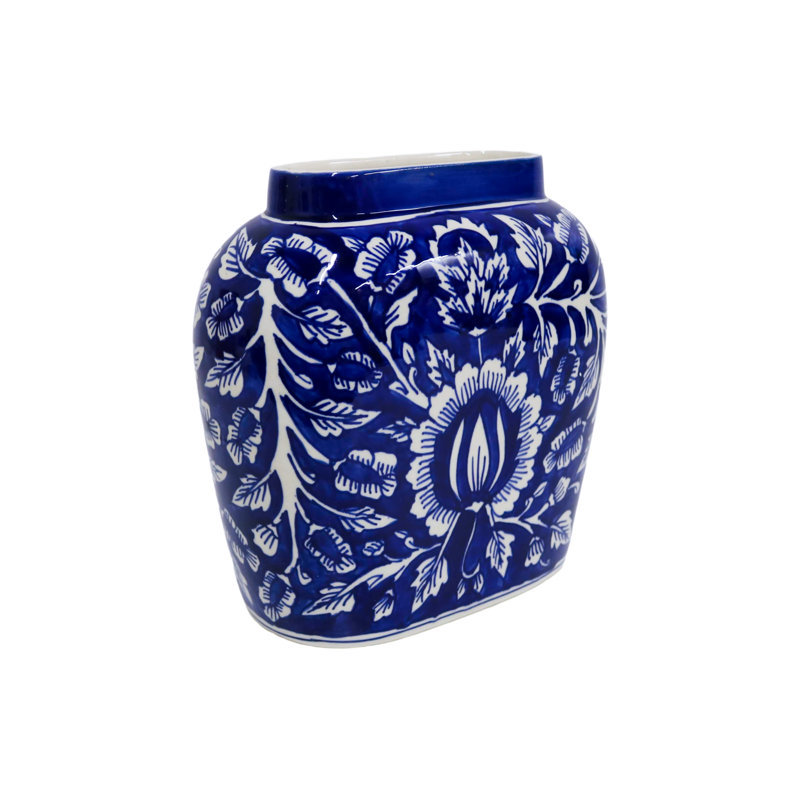 Home&Manor Ceramic Large Blue Vase, 10.5" H x 10" W x 5" D, Blue
