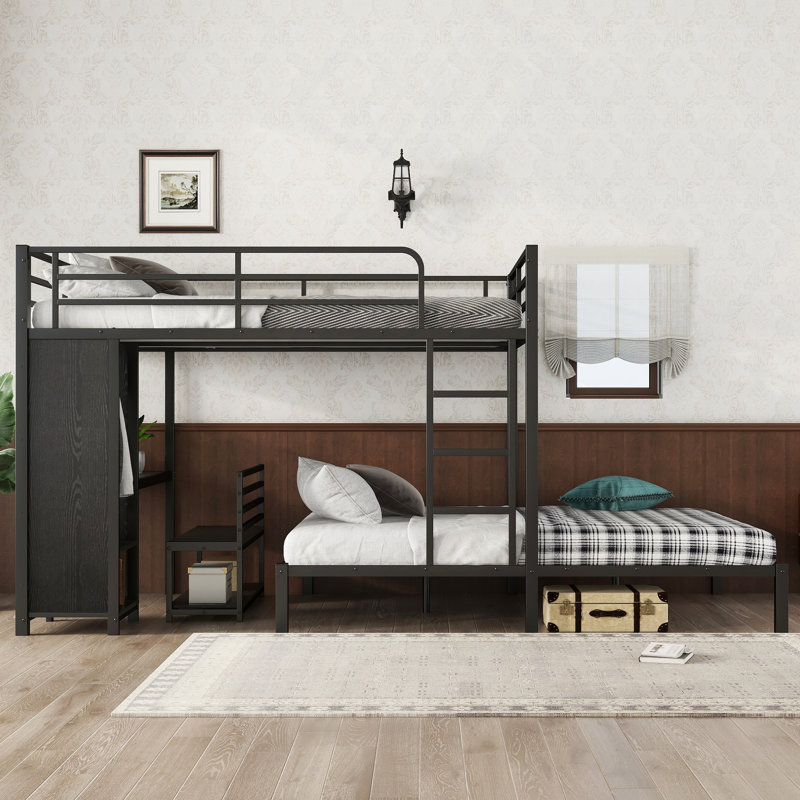 Structure de lit superposé avec garde-robe intégrée, lit superposé en métal avec bureau et chaises de rangement