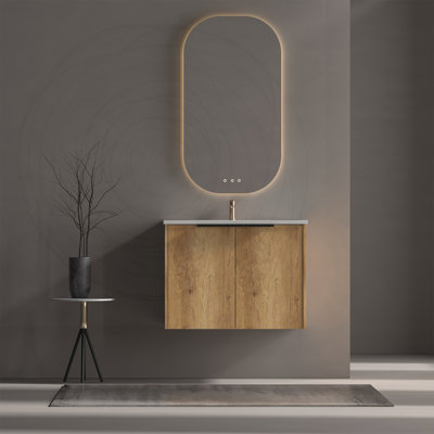 Meuble-lavabo mural 30 po avec panneau cannelé 3D et lavabo en céramique