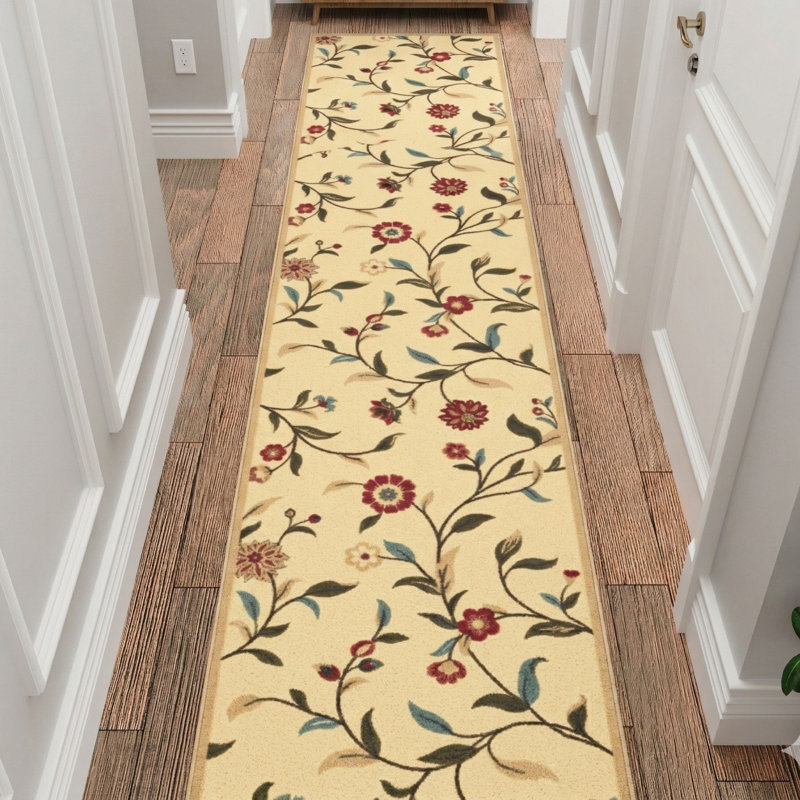 Homeline Non-Slip Rubberback Floral Indoor Runner Rug, Beige, Runner 2'7'' x 41' , Beige