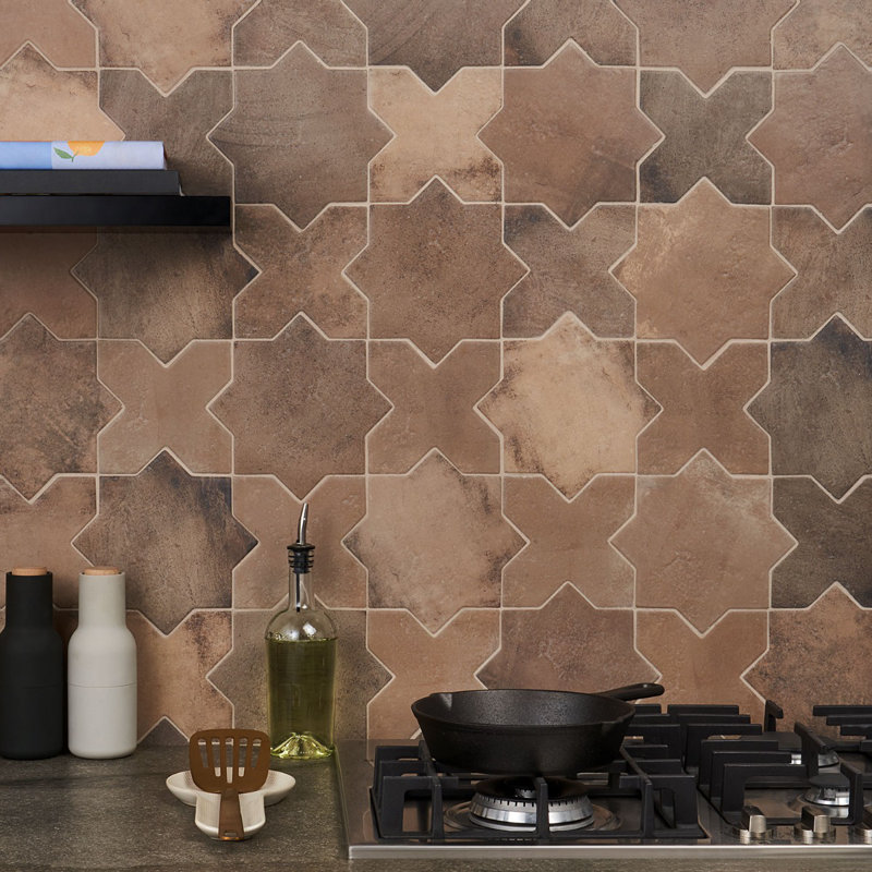 Parma Star and Cross 6" Terracotta Look Porcelain Floor and Wall Tile   , Taupe
