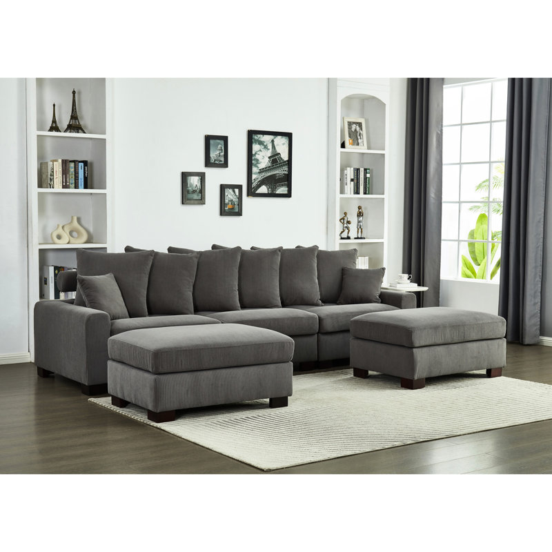 Grey Corduroy 5 Seater Modular Sectional, Oversized Convertible L & U Shaped With Chic High Foam Cushions In Corduroy, Attractive