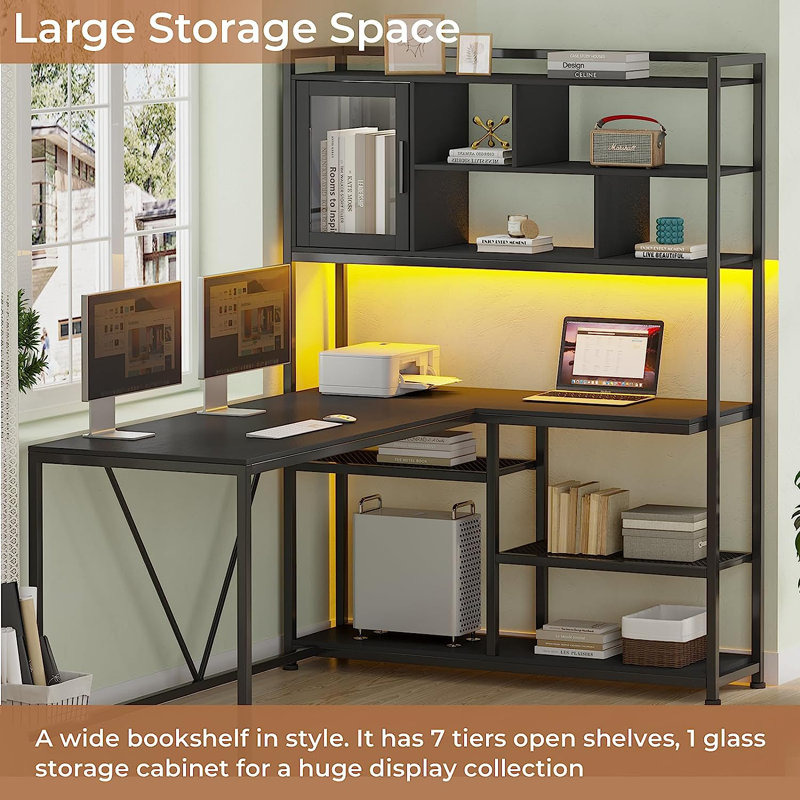 Rustic Brown and Black L-Shaped Computer Desk with Shelves and LED Lighting
