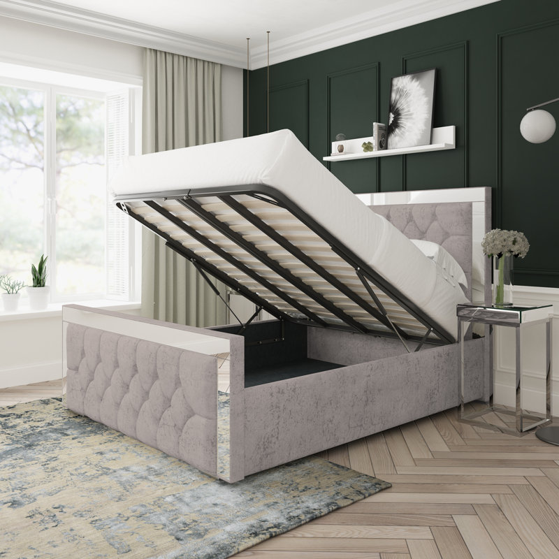 Sage Marble Upholstered Ottoman Bed Frame, Steel, Double (4'6)