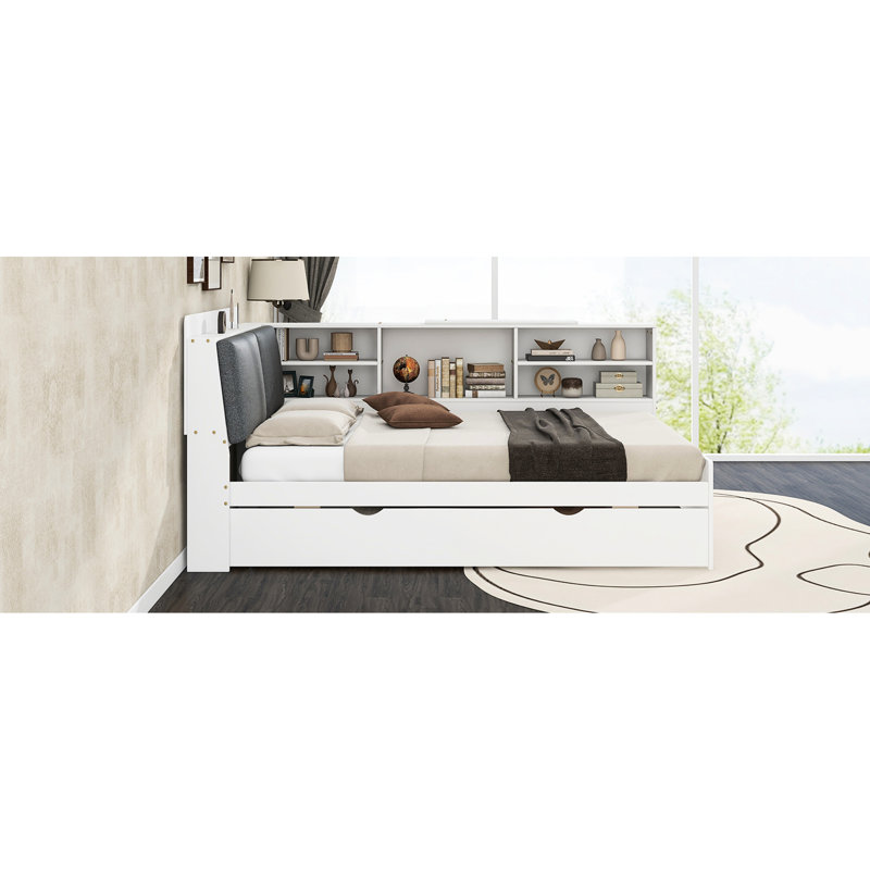 Lit plateforme double en bois blanc avec lit gigogne, tablette de tête de lit et compartiment de rangement - pièce fonctionnelle avec rangement intégré, sophistication des tablettes