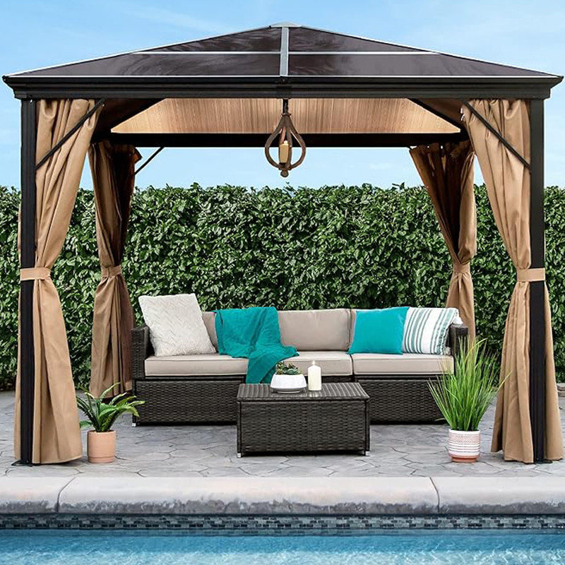 10x10 Black Aluminum Hardtop Gazebo with Beige Curtains