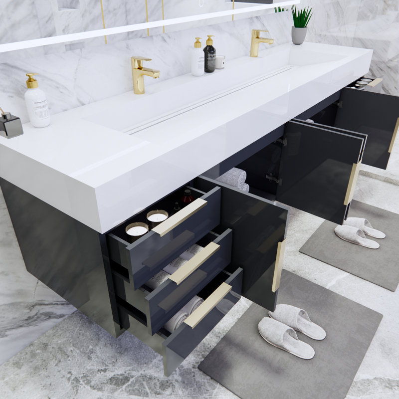 Glasgow 83'' Double Bathroom Vanity with Acrylic Top, High Gloss Dark Gray, White