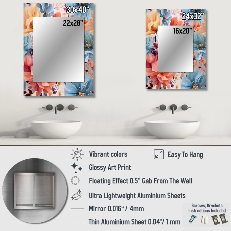 Saxatil - pétales jaunes et bleus, expression florale - grand miroir mural floral, miroir Cottage, 40 po x 30 po