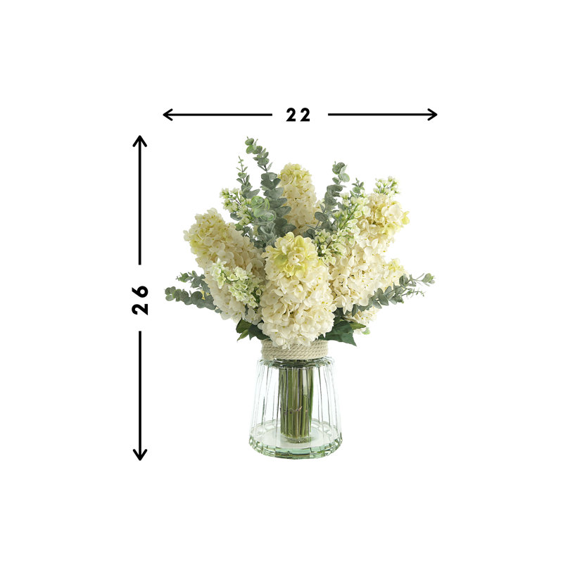 Traditional Thistle Hydrangea and Lilac Arrangement in Glass Vase with Rope Accent, White