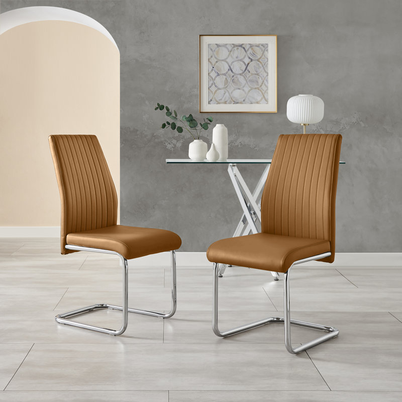 Loren Faux Leather Dining Chairs with Chrome Legs Upholstered Modern Design, Brown