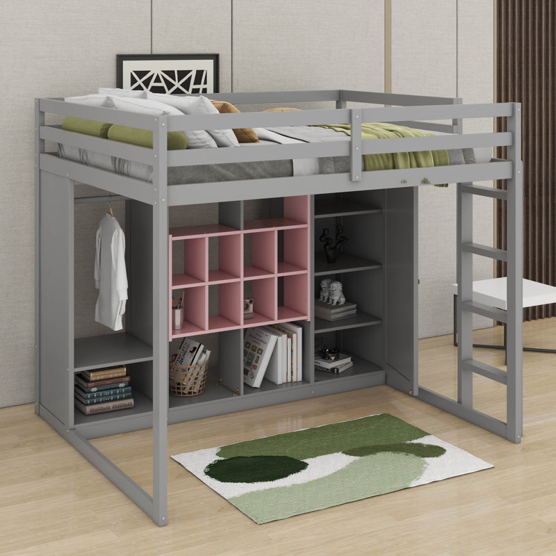 Lit mezzanine en bois pleine grandeur avec garde-robe, tablettes et armoire, Gris / Rose