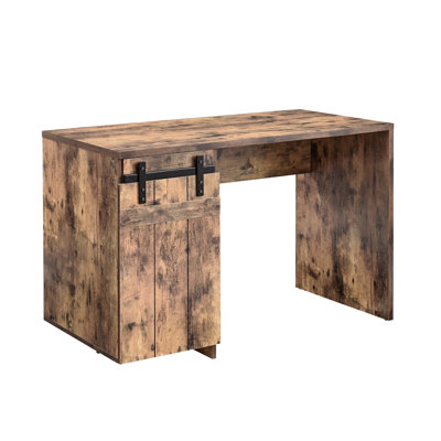 Élégant bureau à domicile en bois vieilli, une armoire, trois tablettes, porte de grange artificielle sur charnières européennes en métal, aspect bois de modestie, élément