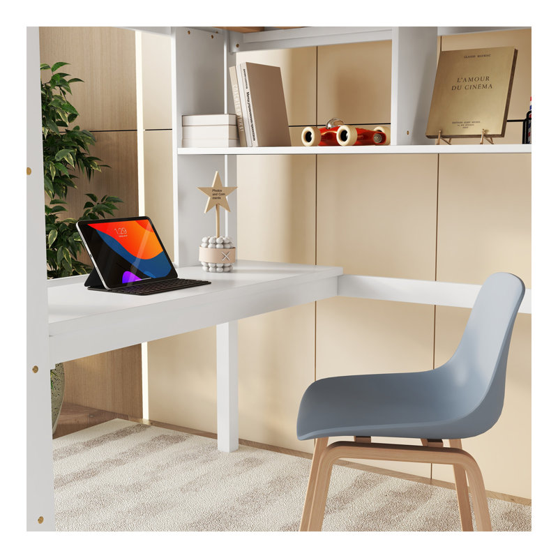 Lit mezzanine simple avec bureau et tablettes, barrière de sécurité et échelle, blanc