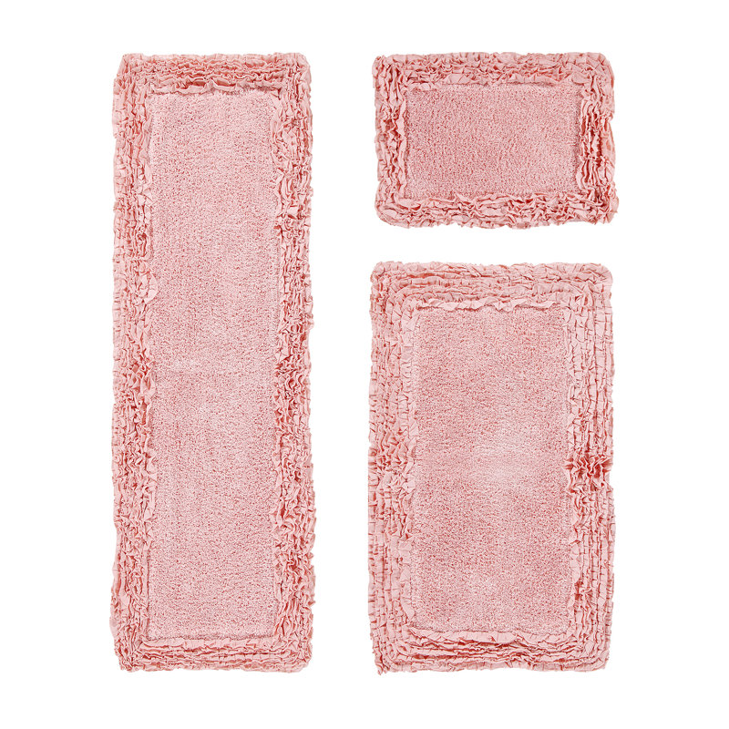 Ensemble de tapis pour salle de bain 100% coton 1775 g / m² 3 pièces Courson, certifié OEKO-TEX®, envers en latex antidérapant, motif de volants touffetés moelleux, super absorbant, tapis de salle de bain lavables à la machine, rose
