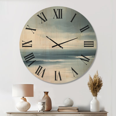 Horloge murale ronde à motif de vagues côtières, imprimée sur bois