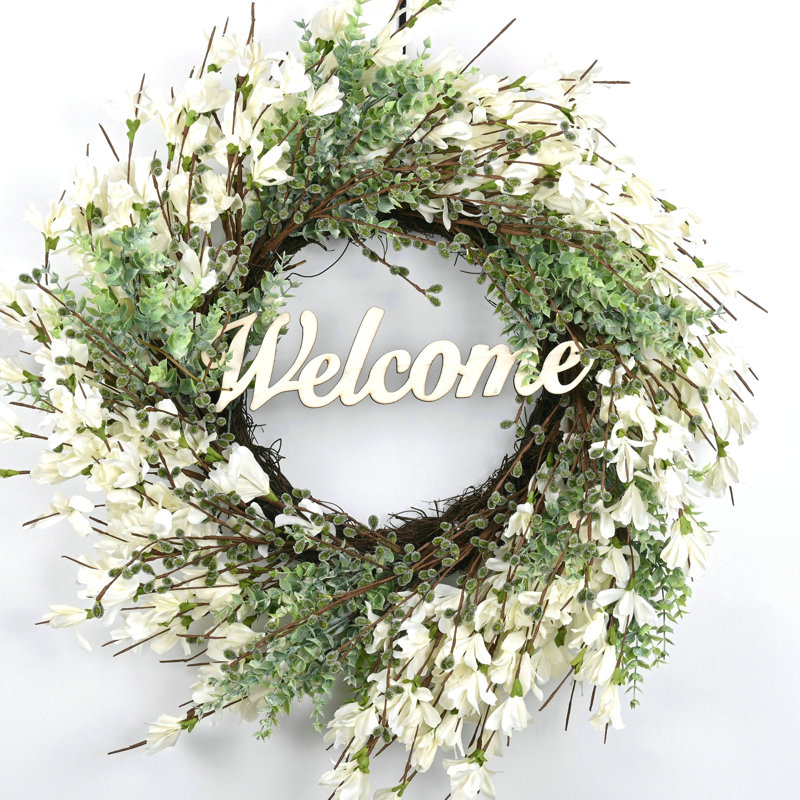 Couronne de Noël en fausse couronne de Noël fabriquée à la main 24 po pour porte d'entrée, Blanc/vert