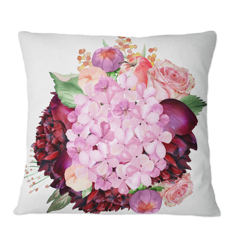 Coussin décoratif bourgogne et rosé avec hortensia - imprimé traditionnel, 16 po x 16 po