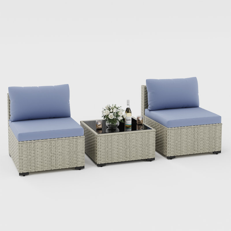 Demasi 2-Person Outdoor Wicker Sofa Set With Cushion, Haze Blue