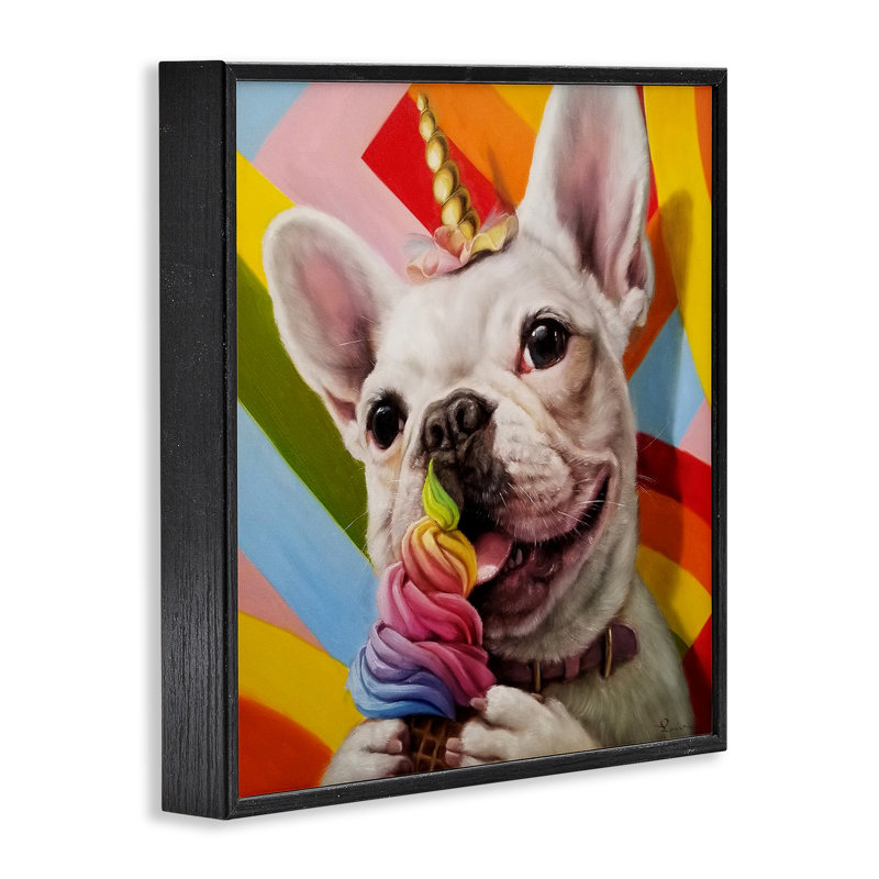 Art giclée arc-en-ciel bouledogue français par Lucia Heffernan, Giclée encadrée noir minuit, H 24 po x l 24 po