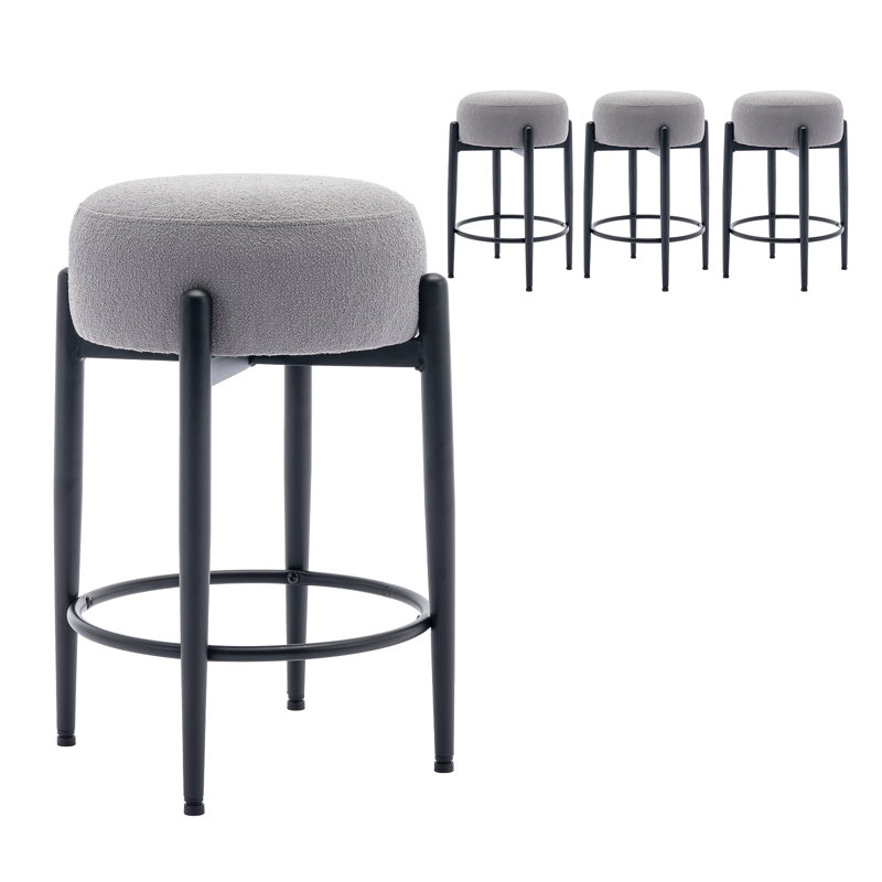 Tabouret de bar 24 po, 24 po, tabouret rond de hauteur comptoir avec structure et repose-pieds en métal noir, siège doux pour îlot de cuisine inspiré de la laine d'agneau
