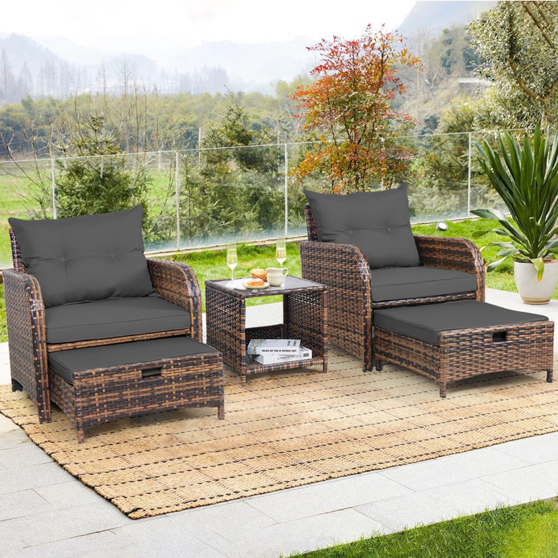 Constantino 2-Person Outdoor All-Weather Wicker Conversation Set with Ottomans and Tempered Glass Coffee Table