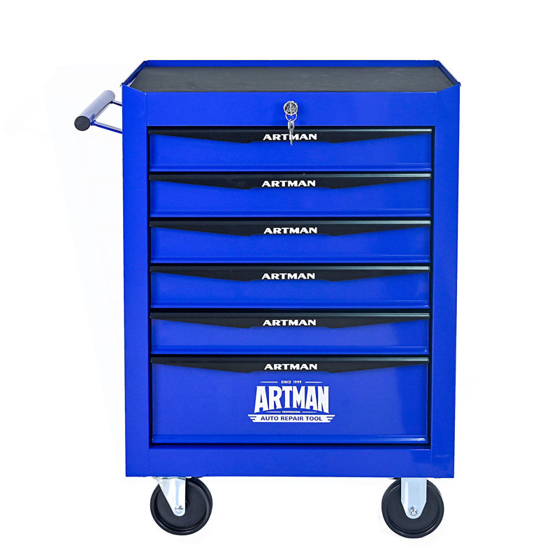 Coffre à outils roulant en métal avec 6 tiroirs, armoire d'appoint, Noir / Bleu