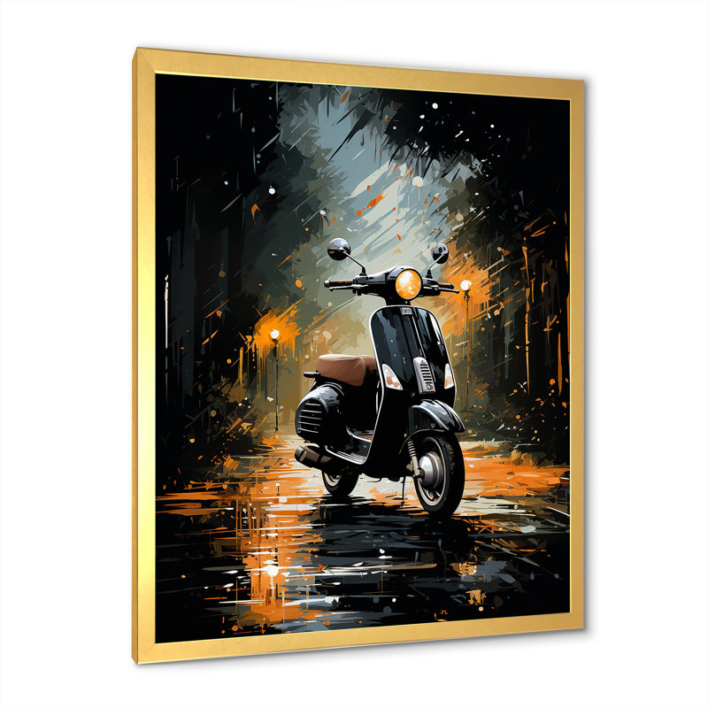 «Night Streets And Scooters I», reproduction sur toile, Cadre doré simple, H 32 po x l 24 po x P 1 po