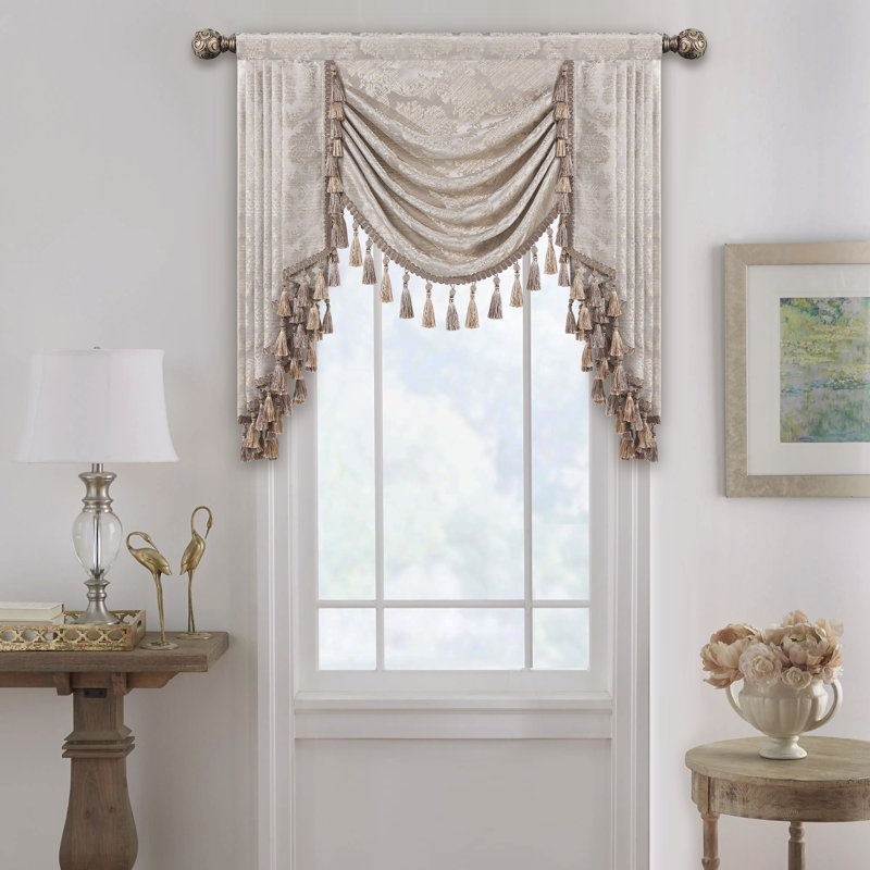 Elegant Swag Valance with Tassels, Beige Jacquard Waterfall Valance, Window Treatment 1 Panel, 39" W x 45" L