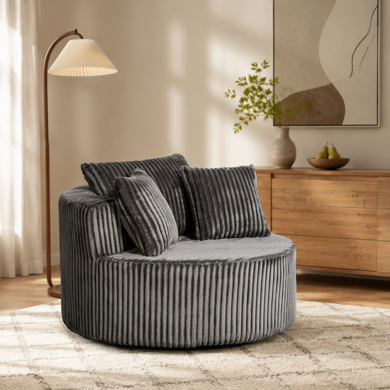 Oversized Round Swivel Accent Chair with Plush Upholstery and Matching Pillows for Cozy Lounging Comfort, Brown Fabric