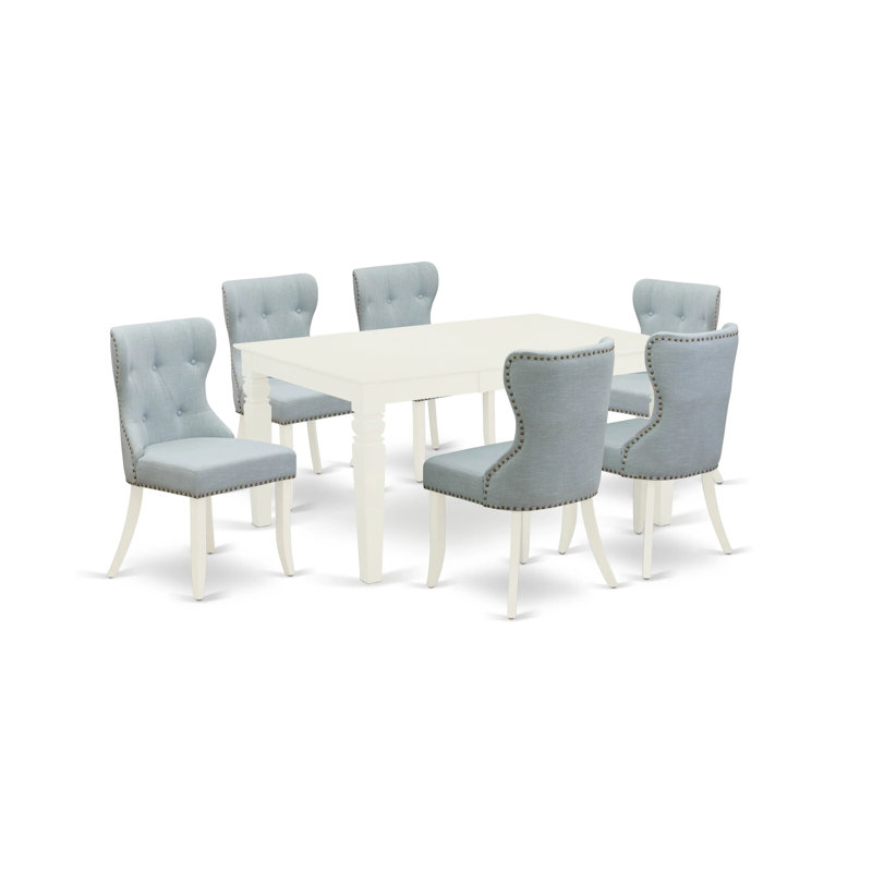 7 Piece Dinette Set Consist of a Rectangle Dining Room Table with Butterfly Leaf and 6 Baby Blue Linen Fabric Upholstered Chairs, Linen White