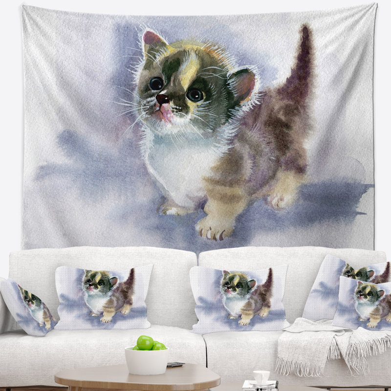 Mignon chaton sur une tapisserie aquarelle bleue, H 32 po x l 39 po