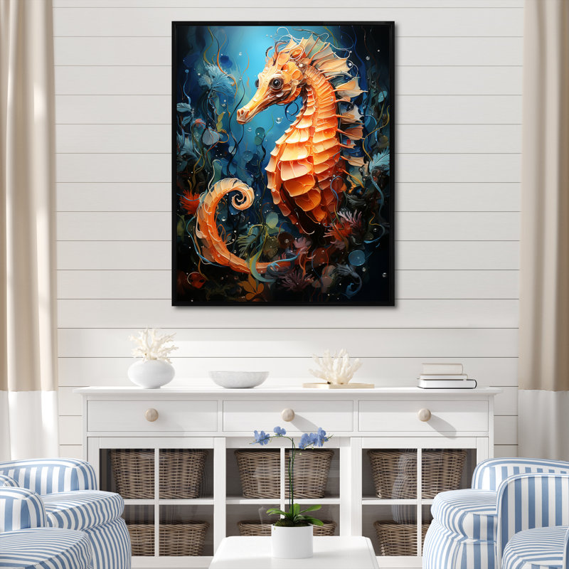 Hippocampe orange et bleu Symphony 2, Cadre photo blanc, H 40 po x l 30 po x P 1,5 po